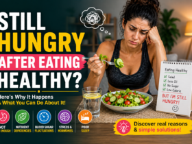 woman feeling hungry after eating healthy food