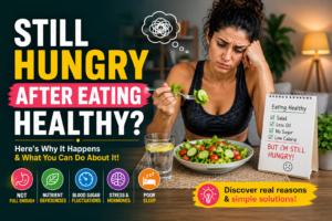 woman feeling hungry after eating healthy food
