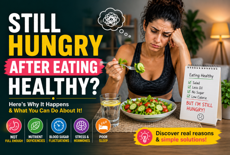 woman feeling hungry after eating healthy food