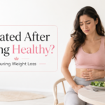 woman feeling bloated after eating healthy during weight loss