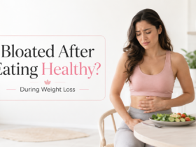 woman feeling bloated after eating healthy during weight loss