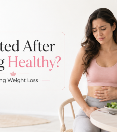 woman feeling bloated after eating healthy during weight loss