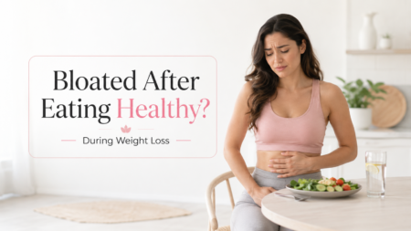 woman feeling bloated after eating healthy during weight loss