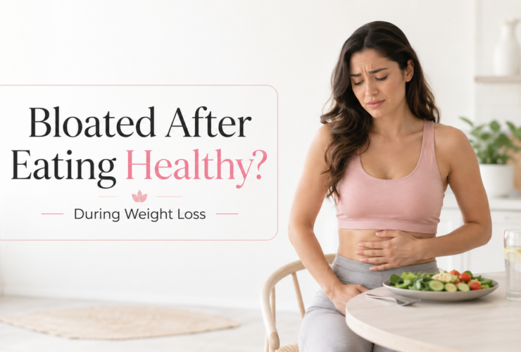 woman feeling bloated after eating healthy during weight loss
